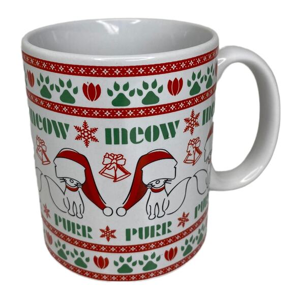 Christmas Mug Cat In Santa Hat Meow Mug With Paw Prints 11oz - Picture 1 of 7